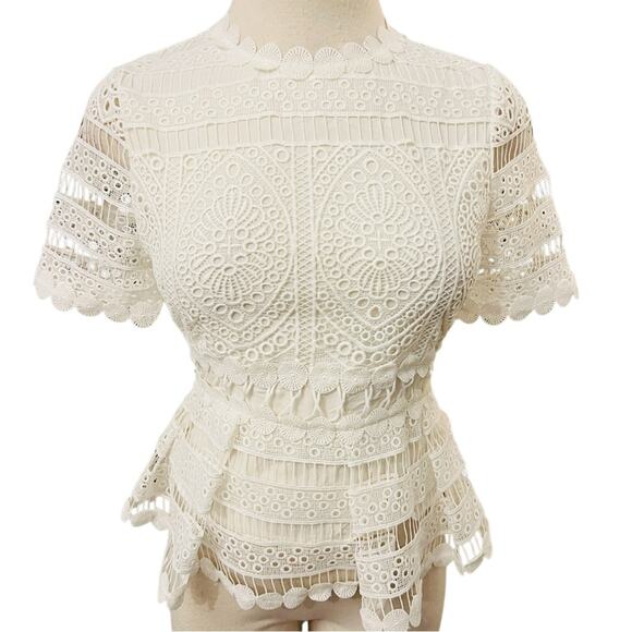 Maje Loseray Peplum Lace Top Blouse Short Sleeve  in Ecru White Size 1 US Smalll - Picture 11 of 11